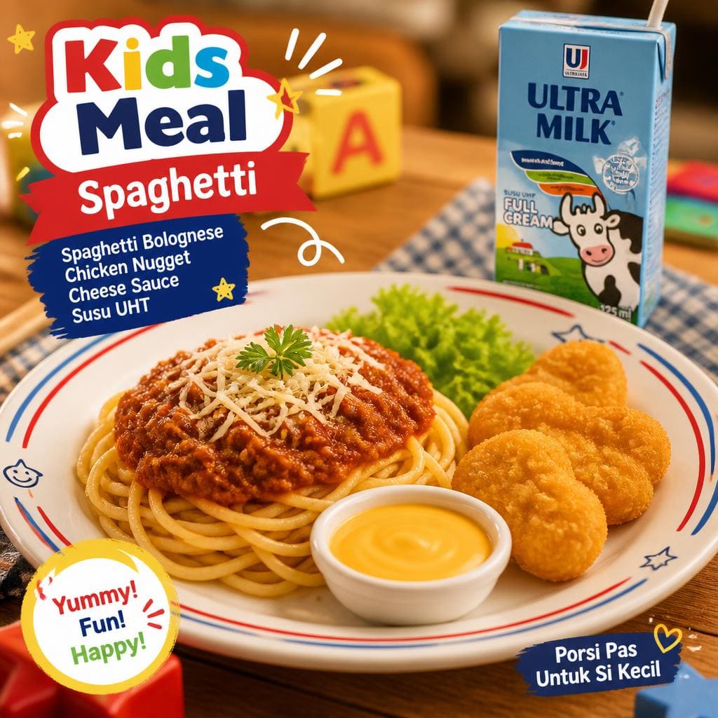 Kids Meal Spaghetti dengan spaghetti bolognese, potongan chicken, dan milk